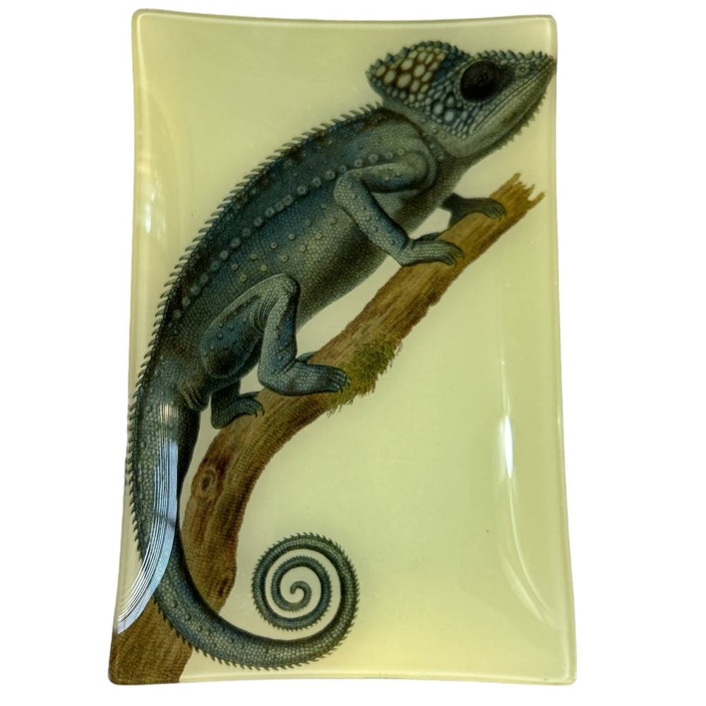 Pottery Barn Decorative Plate Camaleon Reptile Green 6.5”X10” Glass Art Decor